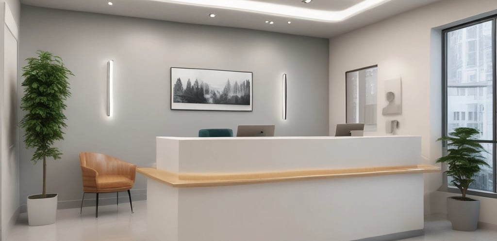 A sleek, minimalist dental clinic reception area with futuristic lighting and clean white surfaces.