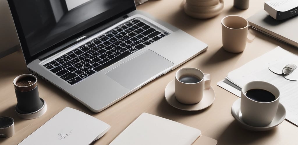 A sleek black and white photo of a modern office desk with a minimalist laptop and a clean white coffee cup.