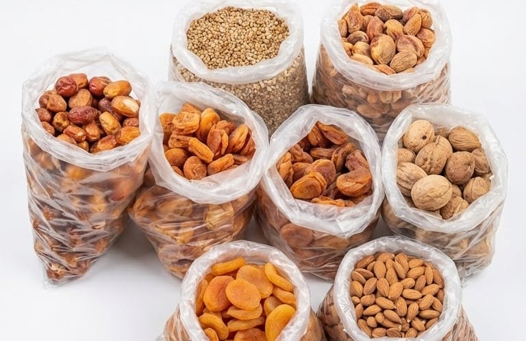 a bunch of nuts in bags on a white background