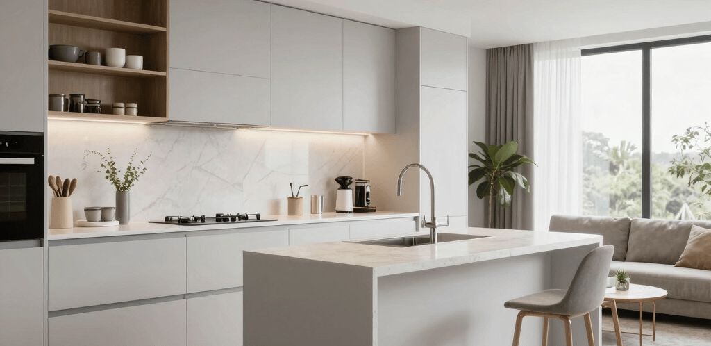 A friendly handyman shaking hands with a satisfied client in a modern kitchen setting.