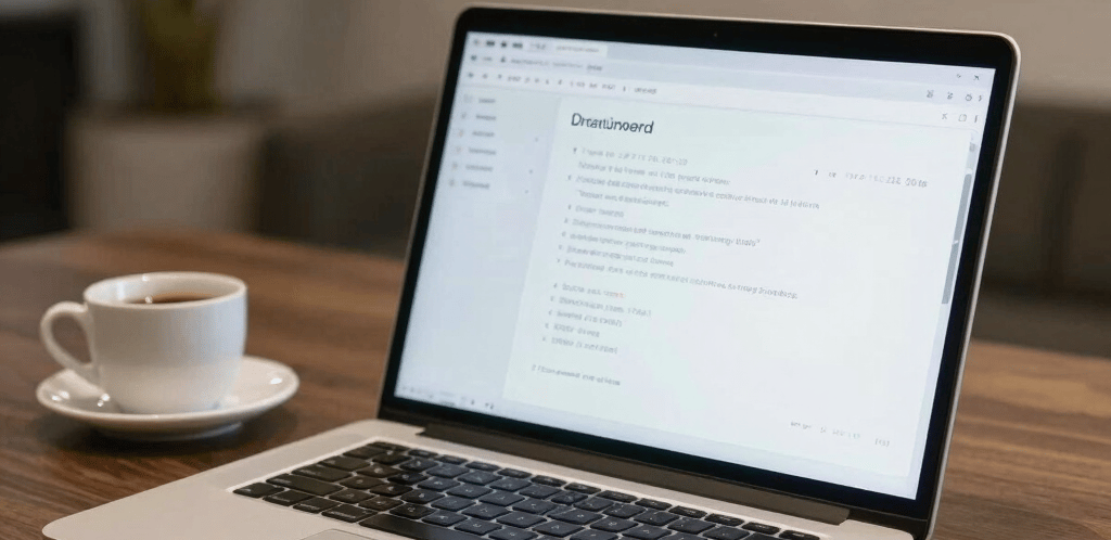 A sleek, modern workspace with a laptop displaying marketing analytics and AI graphics.