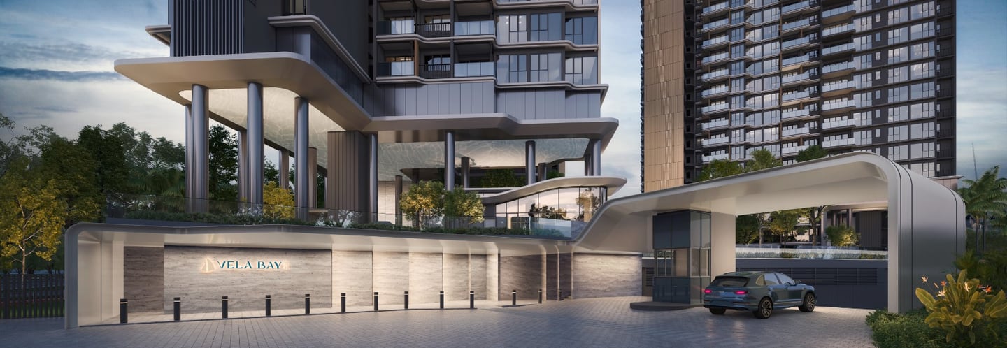 Modern luxury condominium entrance at Vela Bay with sleek architecture and high-rise apartments.
