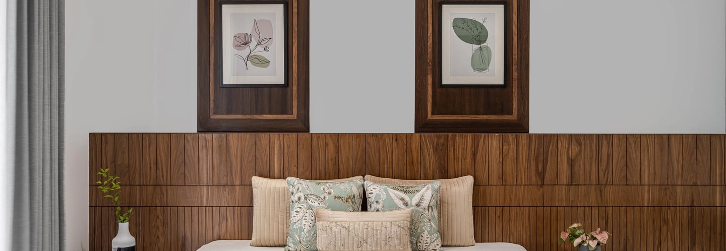 Luxury bedroom interior with wooden wall paneling and modular furniture - Amuk Modular Pune interior