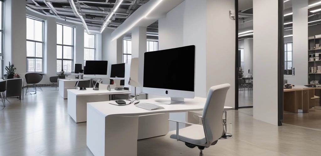 A sleek office lobby with deep navy blue walls and minimalist design reflecting professionalism.