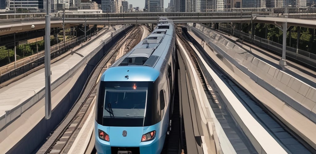 A sleek metro train gliding along urban tracks under a clear blue sky.