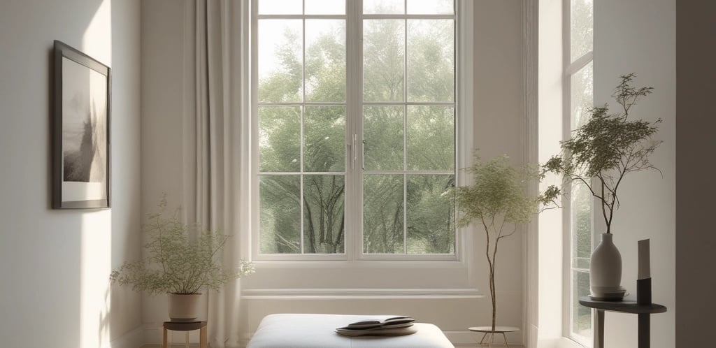 A serene workspace with soft natural light, a notebook, and a cup of herbal tea on a wooden table.