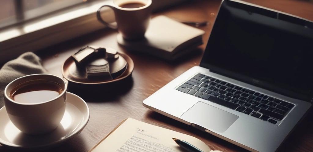 A cozy workspace with a laptop, a cup of tea, and vitamin bottles arranged neatly nearby.