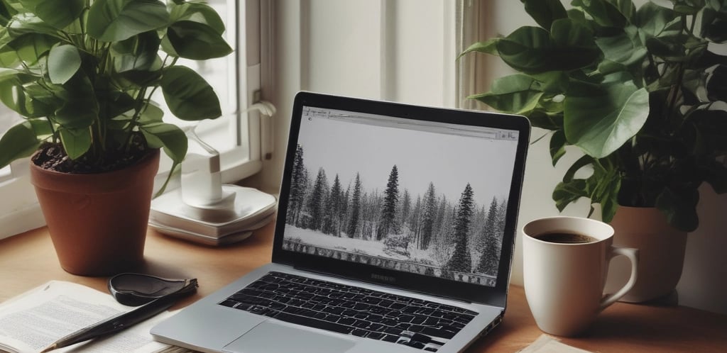 A cozy workspace with a laptop, a cup of tea, and vitamin bottles arranged neatly nearby.
