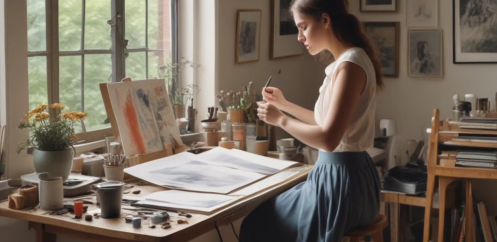 A cozy workspace with handmade art pieces and a vintage lamp casting warm light.
