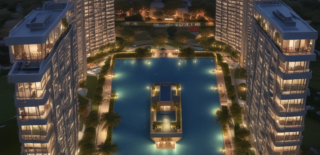 A serene view of Sobha Rivana's elegant residential towers bathed in warm evening light.