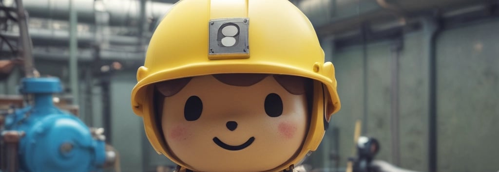 A large black water tank sits atop a cylindrical base made of red bricks. Beside it, a tall red pole stands, attached with an electrical meter box. In the background, there are trees with green foliage and residential buildings with a yellow exterior. The ground is overgrown with grass and some scattered foliage.