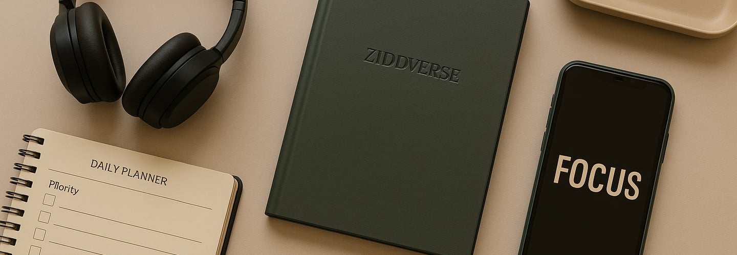 a notebook with a notepad and headphones on it