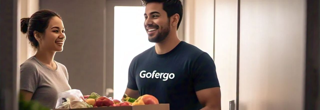 A delivery person wearing a grey tshirt carrying a grocery items to be deliver to the customer