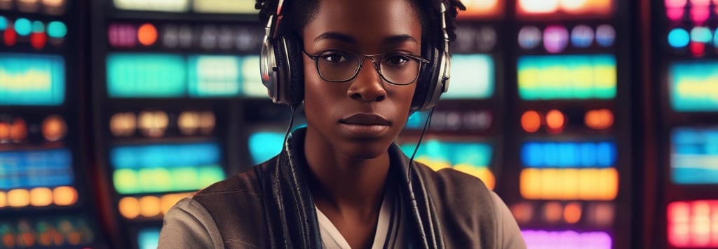 a man and woman in headphones are sitting at a recording studio