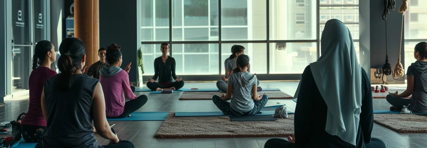 a yoga studio with lots of natural lighting with a group is practicing a sitting yoga pose
