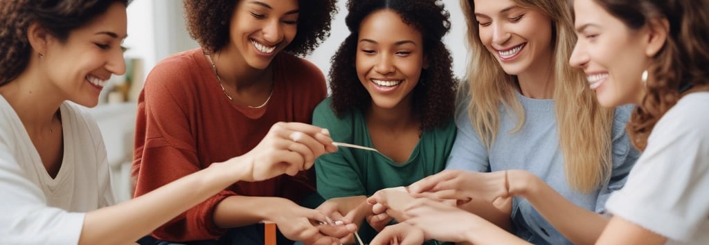 A large group of women appears to be engaged in a communal activity, with many raising their arms. Some are wearing floral crowns and there is a sense of togetherness and focus.