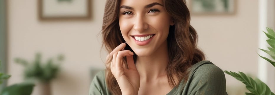 A joyful young woman applying makeup in a cozy, modern pink and black-themed room.