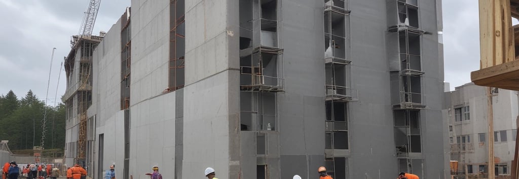 Construction workers collaborating on site with concrete blocks and paving stones in the foreground.
