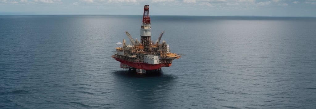 An offshore oil drilling platform is situated in the middle of a large expanse of blue ocean, under a sky scattered with fluffy clouds. A smaller boat or ship is seen moving away from the platform, leaving a trail in the water.