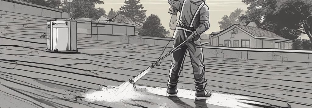 A friendly technician power washing a sunlit driveway, water spraying gently over clean concrete.