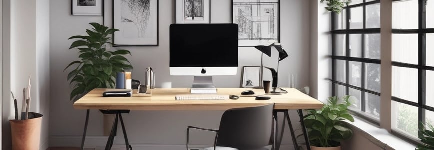 A sleek, futuristic workspace glowing with neon blue, violet, and red lights, showcasing a digital design in progress.