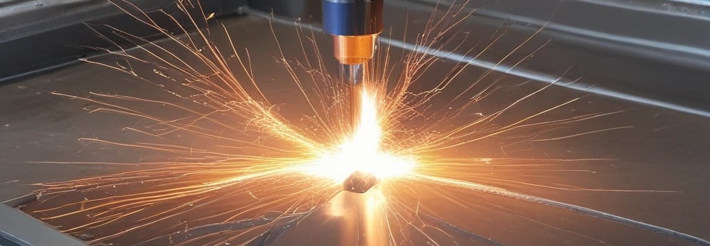 A brightly lit neon sign with the words 'THE CUTTING EDGE' is displayed inside a window, creating a striking contrast against the dark surroundings. The neon light casts a red and pink glow, which reflects on the glass pane and the structures nearby.
