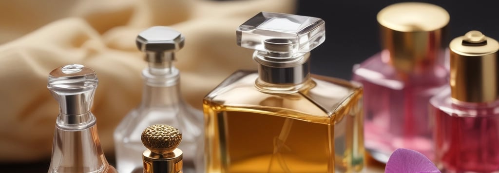 A collection of elegant perfume bottles displayed on a wooden table, surrounded by natural elements like flowers and leaves.