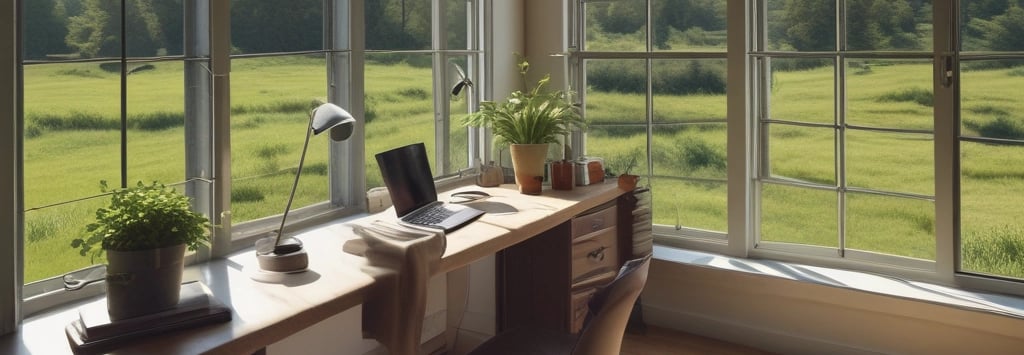 A cozy, rustic workspace with plants, sketches, and warm mocha and cream accents reflecting a nature-inspired creative studio.