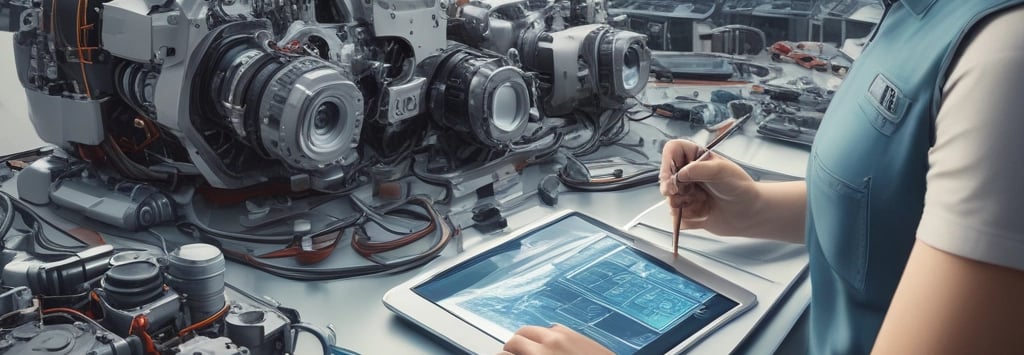 Close-up of hands assembling a mechanical component inside a high-tech workshop.