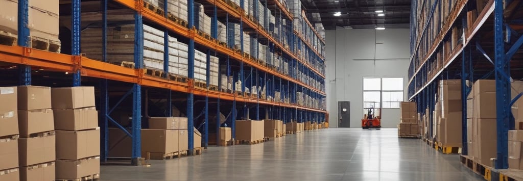 A spacious warehouse interior showcasing pallet storage and racking systems.