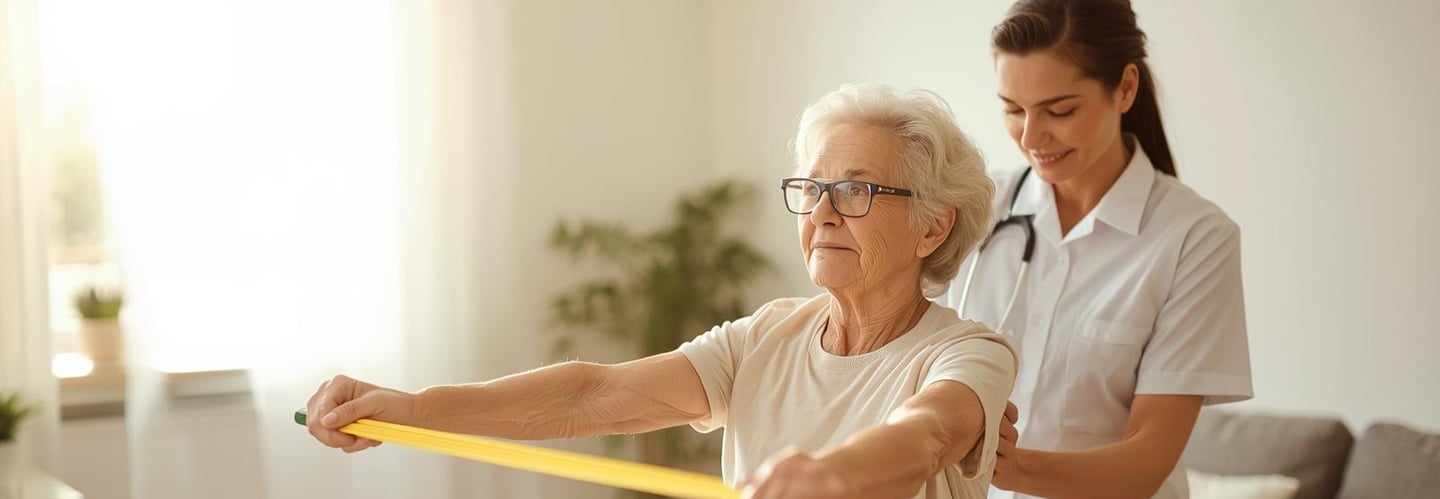 “Elderly patient doing physiotherapy with therapist.”