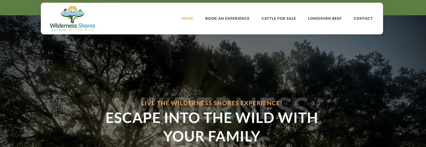 wilderness shores website banner with the tagline 'escape into the wild with your family'