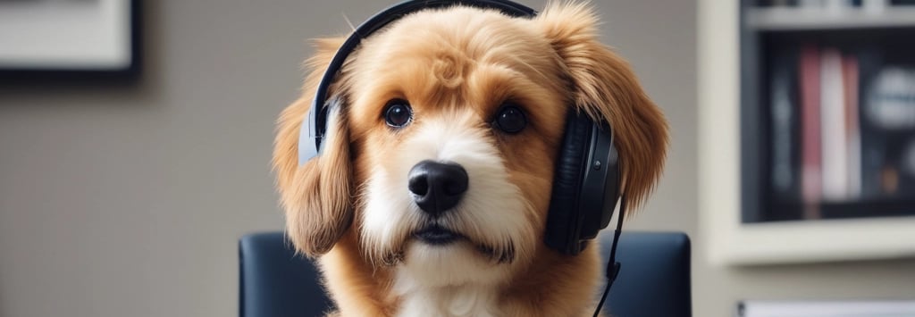 A calm, modern workspace with a laptop showing canine nutrition charts and a resting active dog beside it.