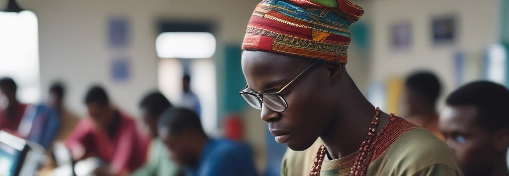 A vibrant image of the Blue Sky Clouding Senegal office with team members collaborating over digital devices.