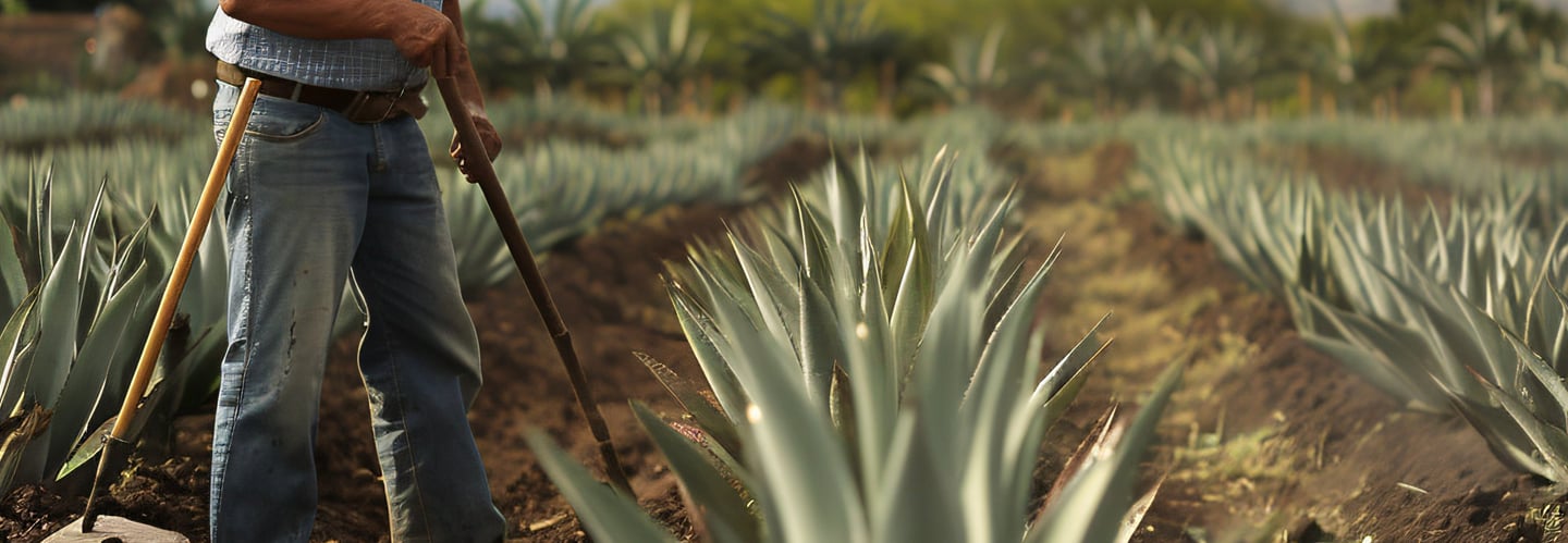Hombre trabajando en los campos de Mezcal de Lu Mezcal con paisajes hermosos