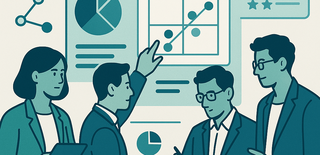 Professional business team analyzing data charts and marketing metrics on a digital dashboard.