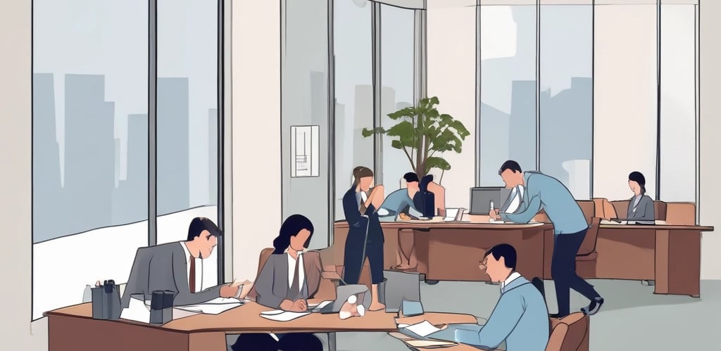 A warm, professional team collaborating around a laptop in a modern office space.