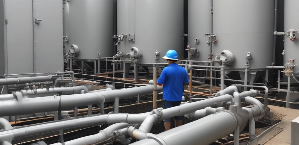 Engineer reviewing detailed process flow diagrams for a wastewater treatment plant.