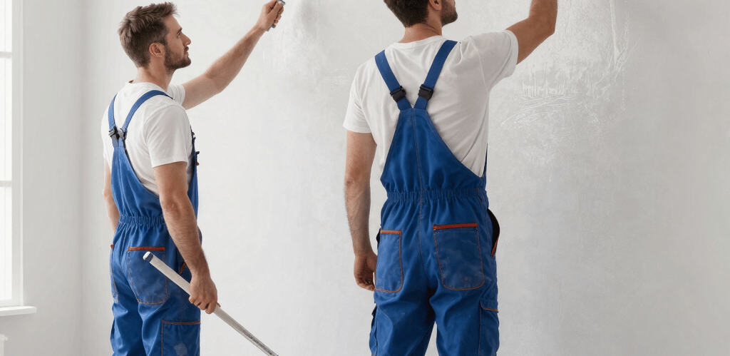 A skilled construction team working together on an interior renovation project in a modern apartment.