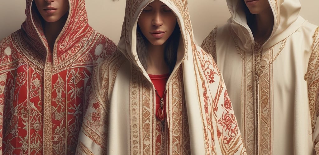 A serene workshop in Rabat where artisans carefully craft modern jellabas with traditional fabrics.