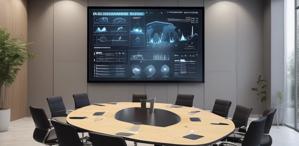 A diverse team collaborating around a table with charts and laptops in a modern office.