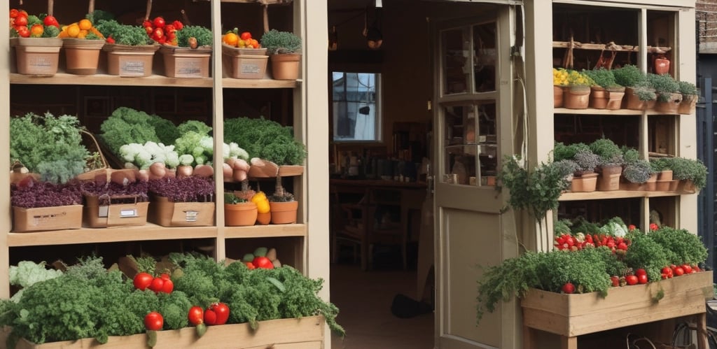 A friendly grocer using a smartphone to post fresh produce photos on social media.