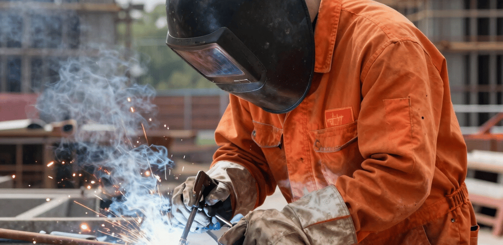 A sleek shipyard scene with workers wearing modern safety gear, blending tradition and innovation.