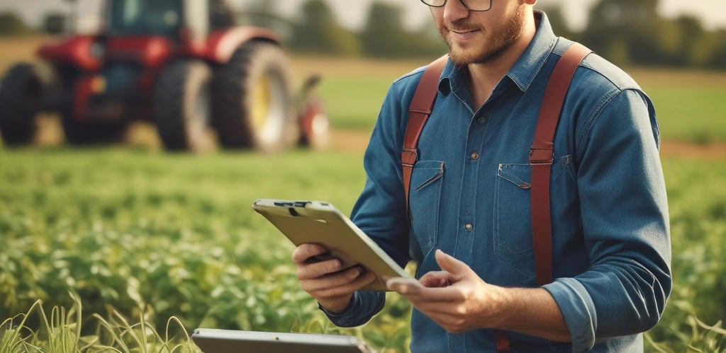 A friendly agricultural consultant helping a farmer review documents in a sunny field.