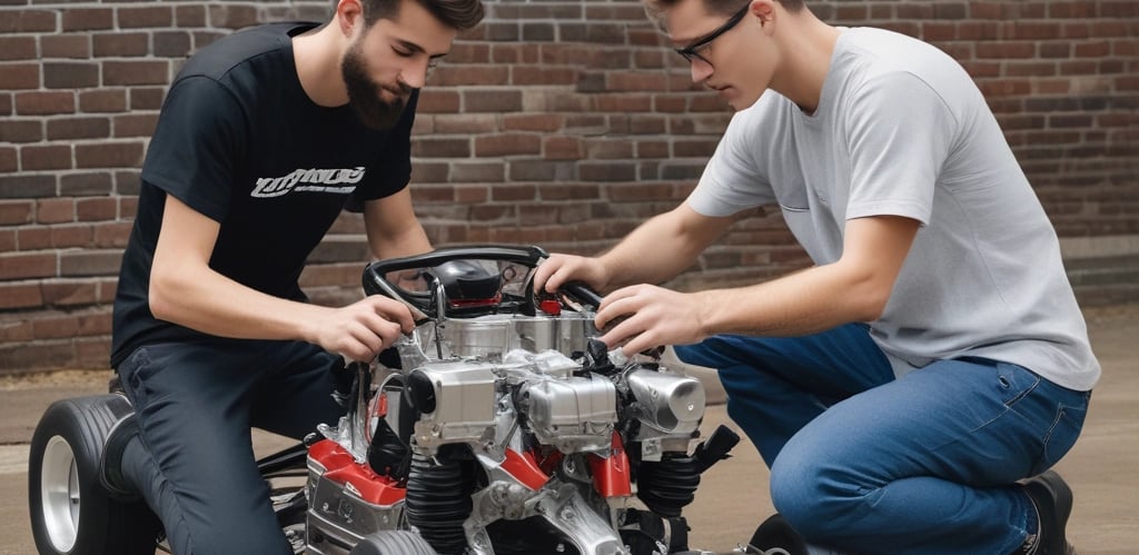 An engineering team collaborating over a gokart engine for the mods...