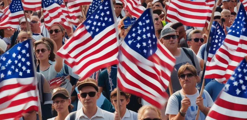 A group of proud supporters at a spirited rally waving American flags under a clear blue sky.