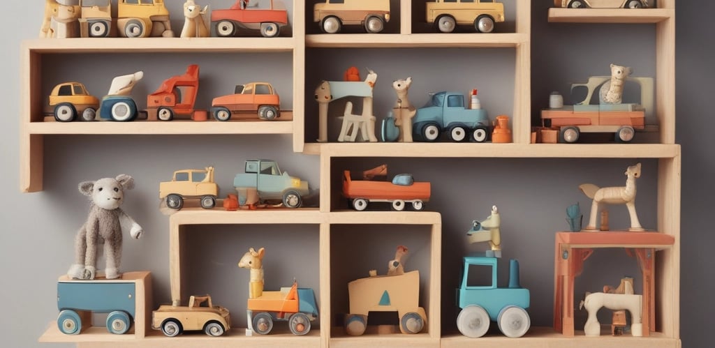 A colorful assortment of toys displayed on shelves in a bright, inviting store setting.