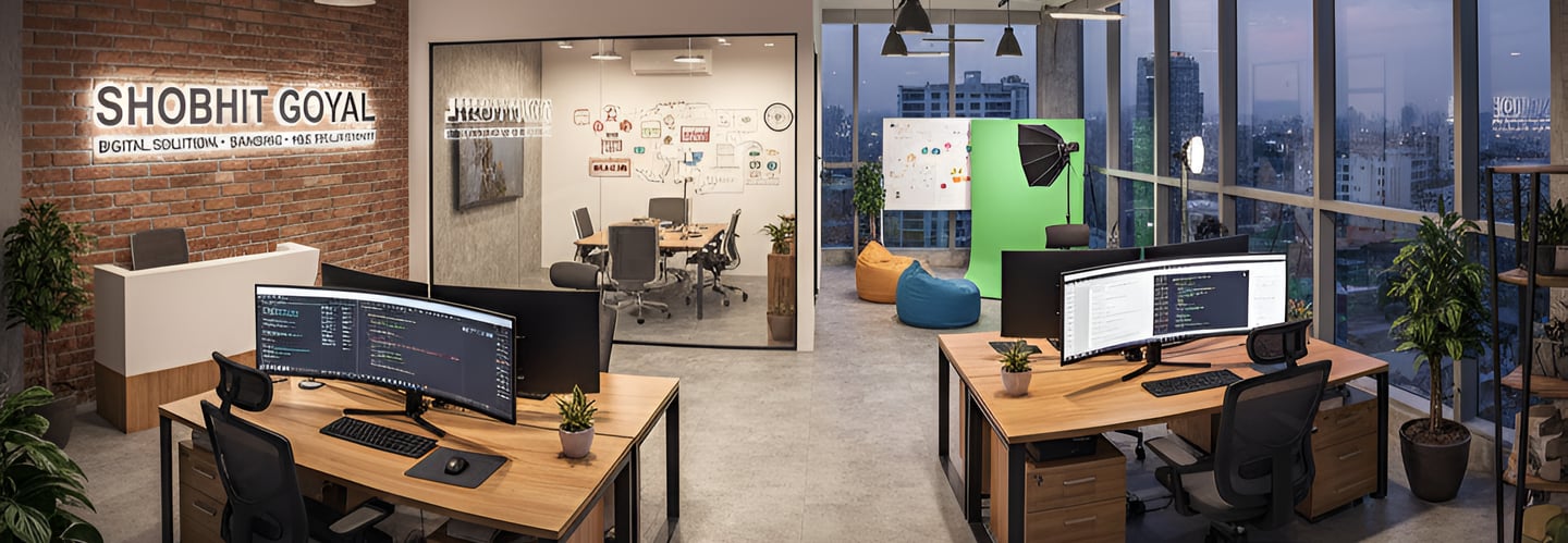 a room with a desk and a computer monitor