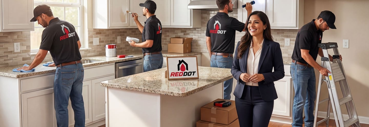 Red Dot home renovation team performing kitchen repairs, painting, and cleaning services for a smiling professional client.