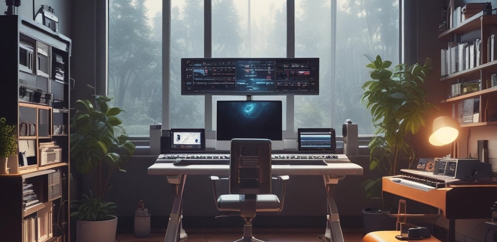 A sleek, dimly lit futuristic studio with gold accents reflecting off black surfaces, capturing the essence of human and AI collaboration.